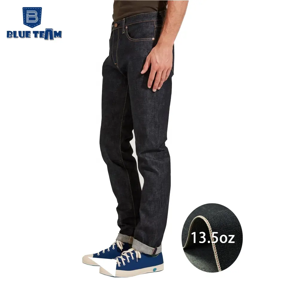 Mavi takım özelleştirmek logosu 2023 selvedge 13.5oz denim kot erkekler düzenli kot lelaki ham kenar denim kot sıska