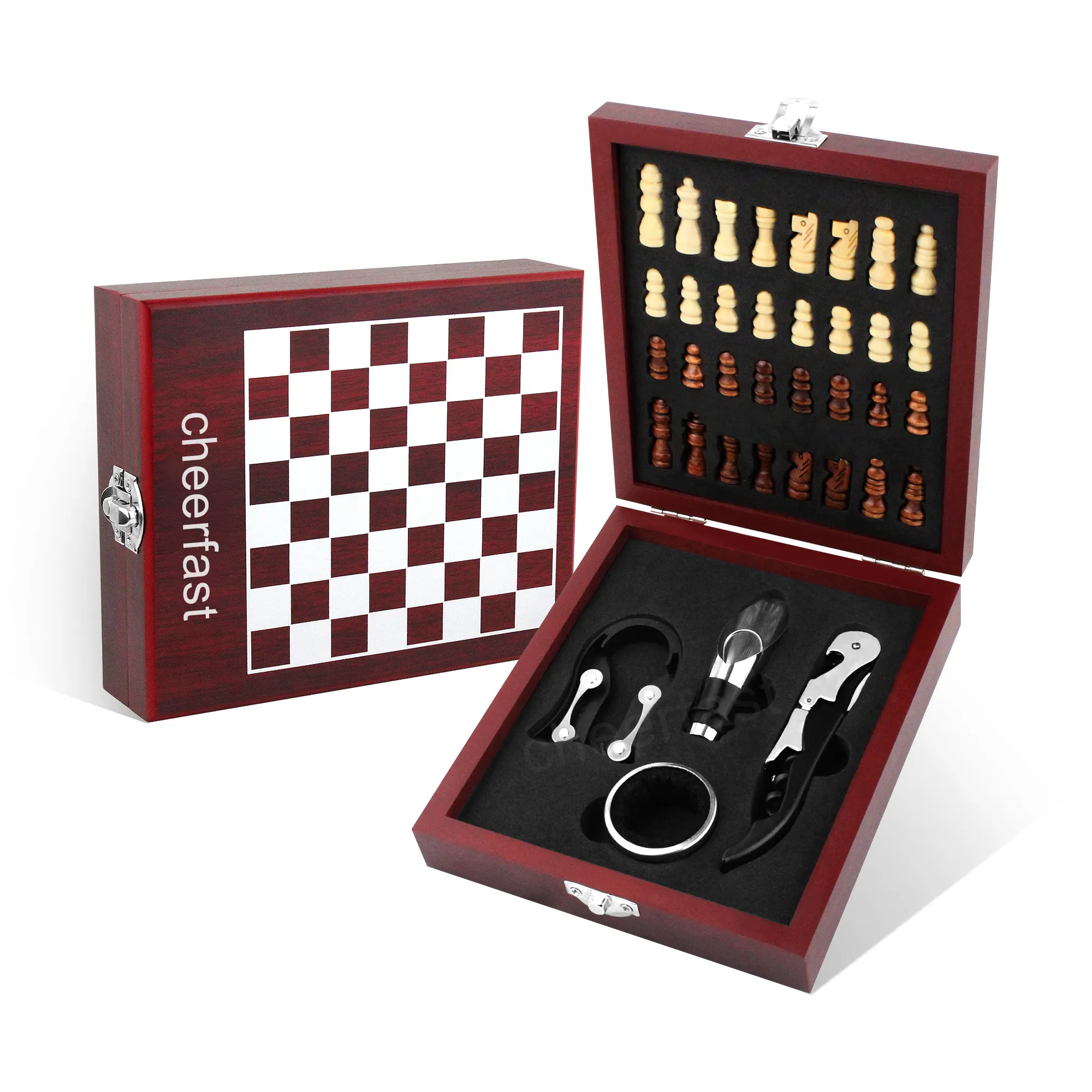 Conjunto de ferramentas para bar, 4 peças, acessórios para vinho, conjunto de presente com xadrez, pia de vinho e acessórios para bar, caixa de madeira, ideal para venda