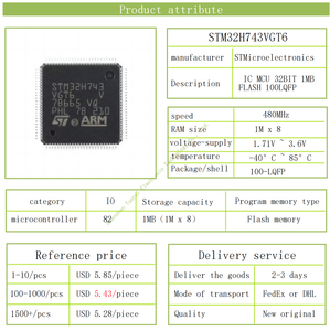 STM32H743VGT6 original, microcontrolador de 32 bits, MCU, con brazo de 1 a 2, 2, 2, 1, 2, 2 - Product Image 2