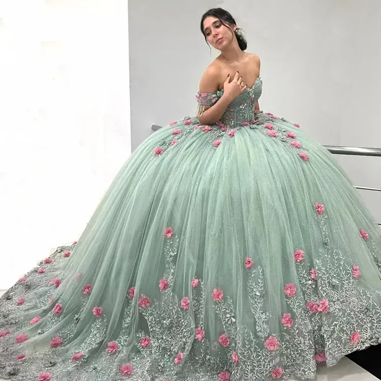 W-S1029A-vestido de graduación de quinceañera para niñas, traje de baile con apliques de flores 3D, para espectáculo juvenil, con borlas y abalorios