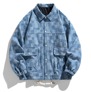 定制男士牛仔夹克翻领纽扣方格图案男士牛仔夹克 - Product Image 2