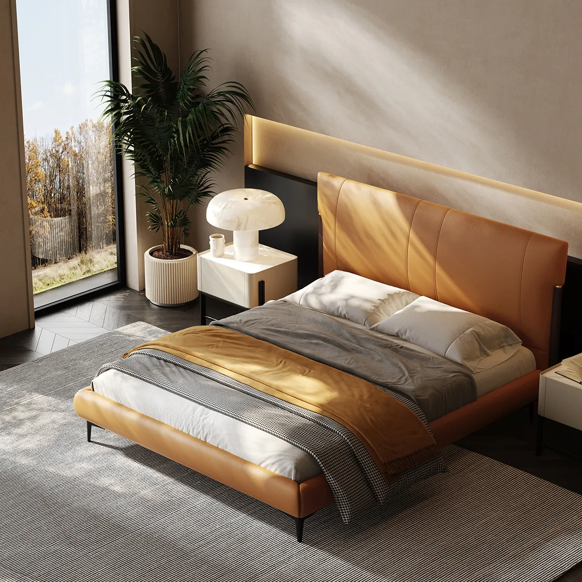 ユニークなデザインのキングサイズベッドモダンなヨーロッパスタイルの革製ベッド高品質の柔らかい生地クイーンサイズのベッド高級ベッドルーム家具
