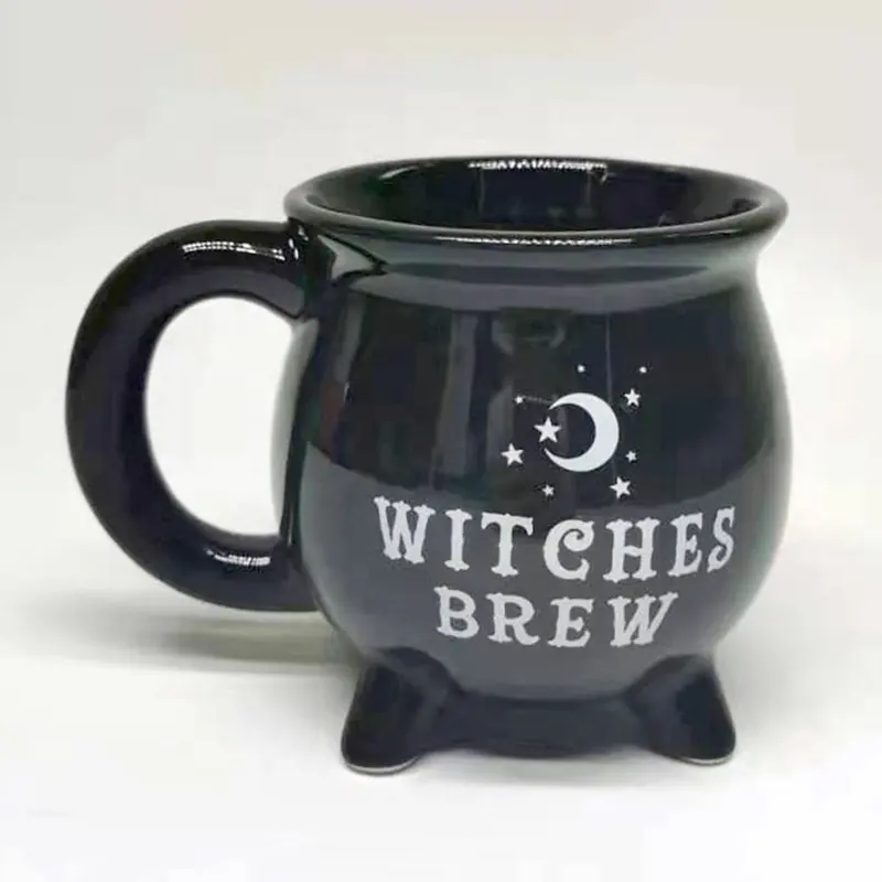 Taza de café de cerámica negra con logotipo de impresión personalizada, taza de bruja malvada para Halloween