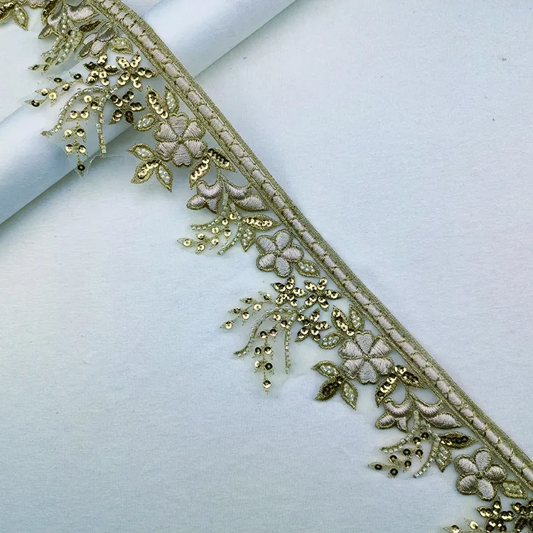 Squisito oro ricamato floreale con perline di paillettes tessuto Applique foglie Pattern perline in pizzo per abito da sposa