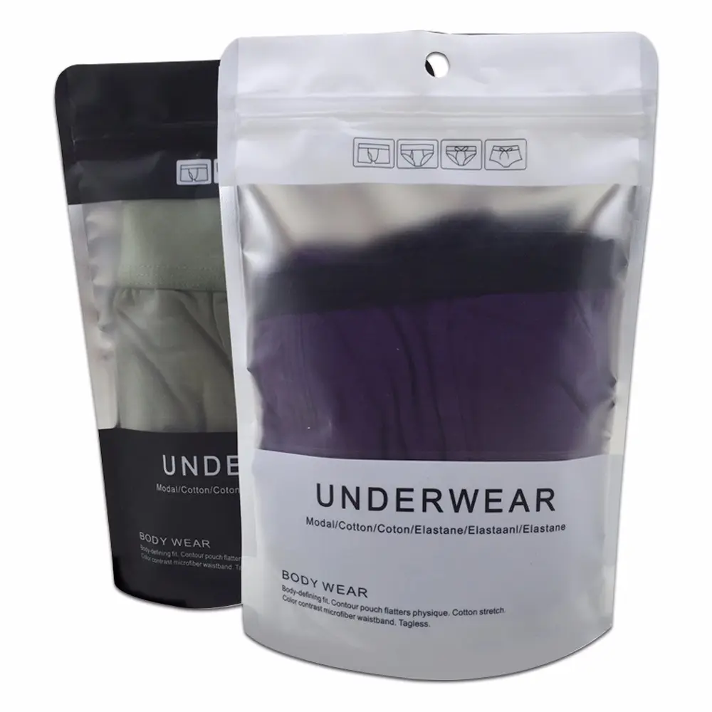 Chaussettes à fermeture éclair personnalisées sacs d'emballage en plastique pour vêtements pochette debout pour sous-vêtements avec fenêtre givrée transparente