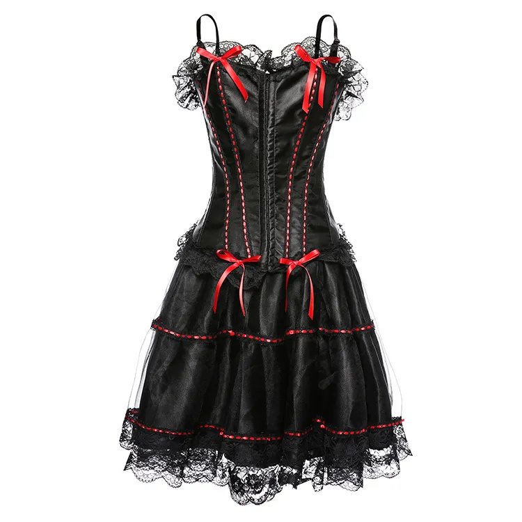 Women's Adjustable Straps Sexy Lingerie Lace Up Boned Stain Corset Bustier Top With Skirt Set