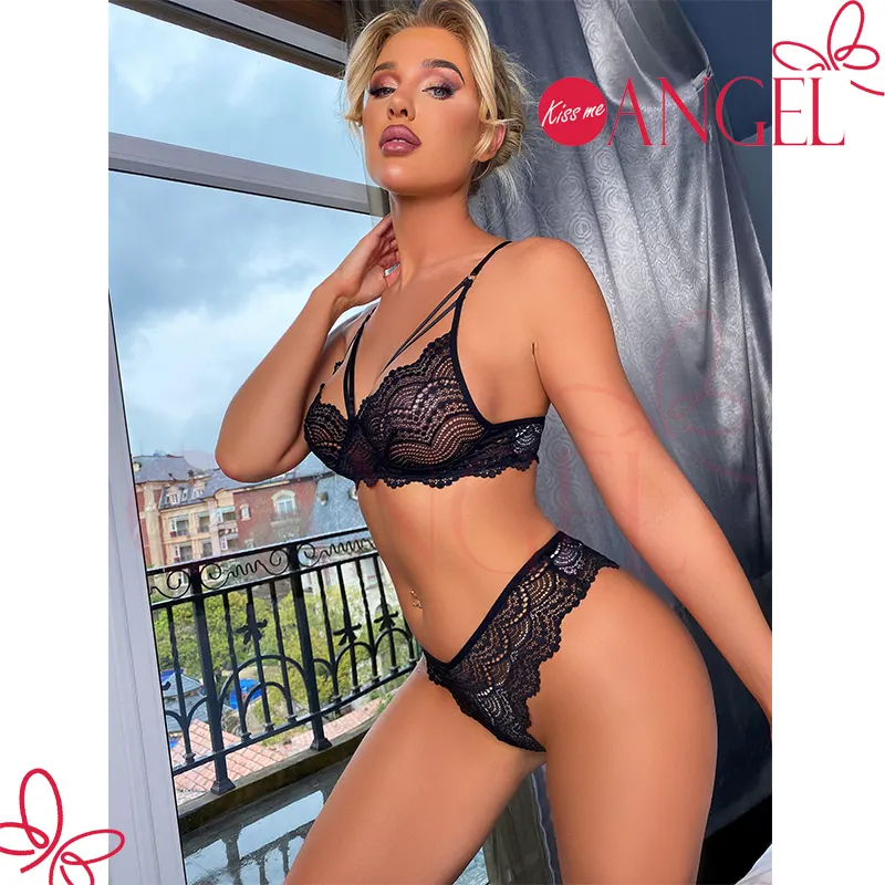 KISS ME ANGEL nuovo commercio estero trasparente scava fuori nero S M L XL XXL panty lingerie sexy set di biancheria intima e reggiseno per ragazza