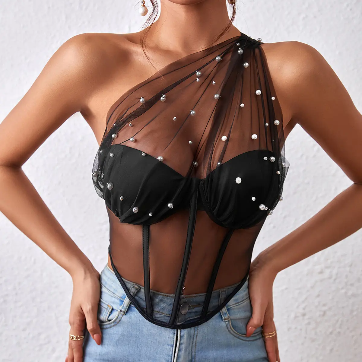 Low MOQ Single Shoulder Sommer Perle Perlen Top Frauen Sexy Mesh Korsett Top Bustier