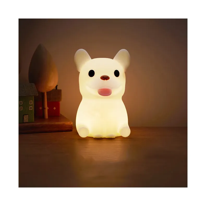 Design moderno carino Silicone morbido Bulldog francese luce notturna portatile LED lampada da comodino con alimentazione ricaricabile per i bambini