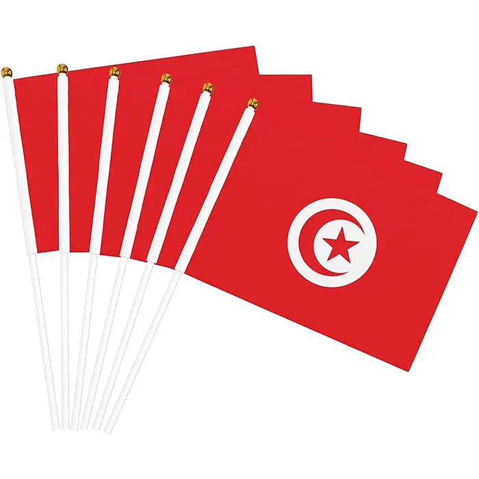 Festival tunisien bâton à main agitant le drapeau de la Tunisie avec mât en plastique Polyester bonne qualité impression numérique