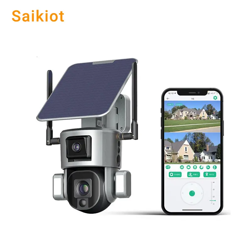 Saikiot Sim Card 4K 10X Zoom sorveglianza telecamera di sicurezza esterna collegamento allarme doppia lente CCTV 4G telecamera PTZ solare