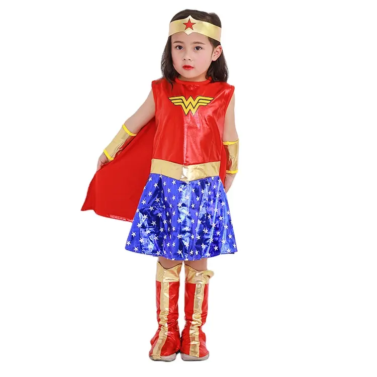Carnaval Halloween Fancy Dress Traje Super Hero Outfit Meninas Mulher Maravilha Traje Com Capa
