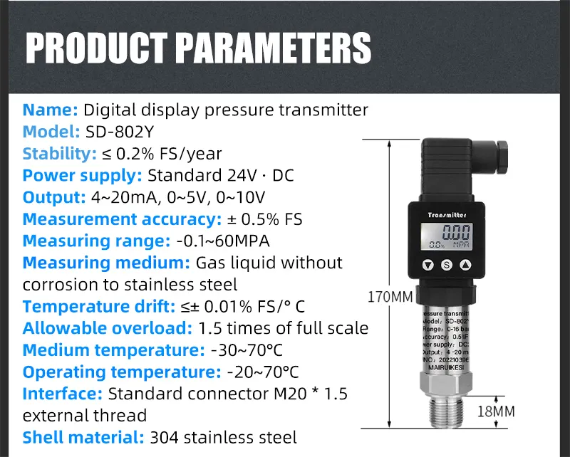 Transmisor de presión digital OEM Conexión roscada electrónica 4 ~ 20mA Pantalla LCD Sensor transductor de presión