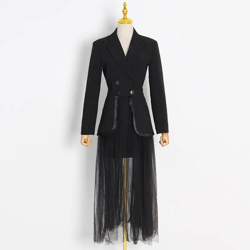 Falda plisada de gasa de malla, trajes de dos piezas, Blazer para mujer, vestido tejido de poliéster largo 100% poliéster, patrón sólido transpirable