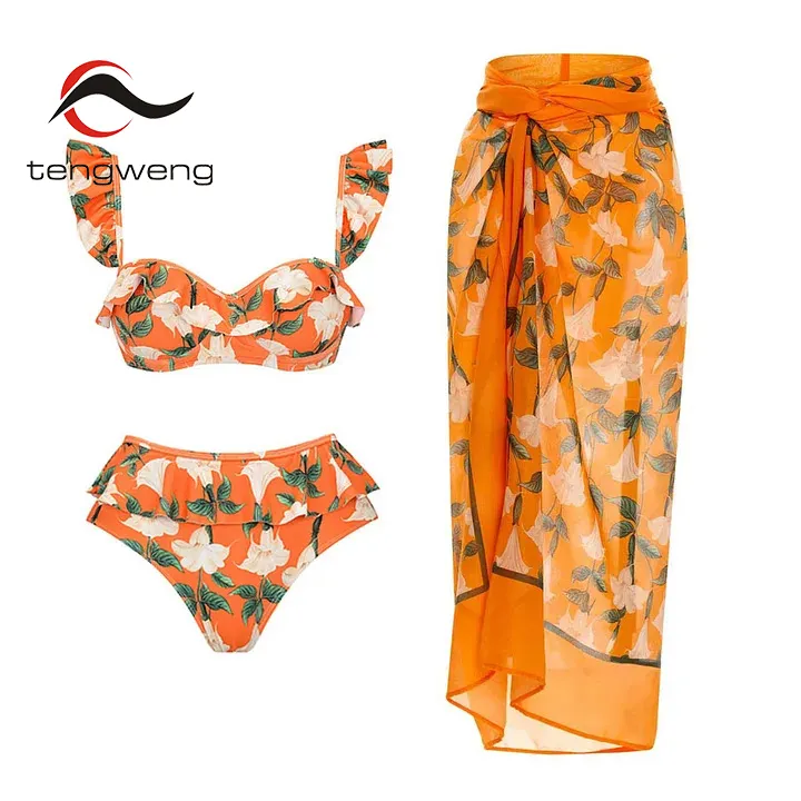 Tw ชุดว่ายน้ำบิกินี่พิมพ์ลายเอวสูงสีส้มแต่งระบายสำหรับใส่ในฤดูร้อนแนวโรแมนติกชุดว่ายน้ำพร้อมกระโปรง