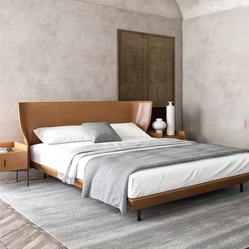 الحديثة الحد الأدنى الايطالية الشمال غرفة نوم رئيسية جلدية مزدوجة السرير خزانة بجوار السرير وحدات مجموعة الأثاث