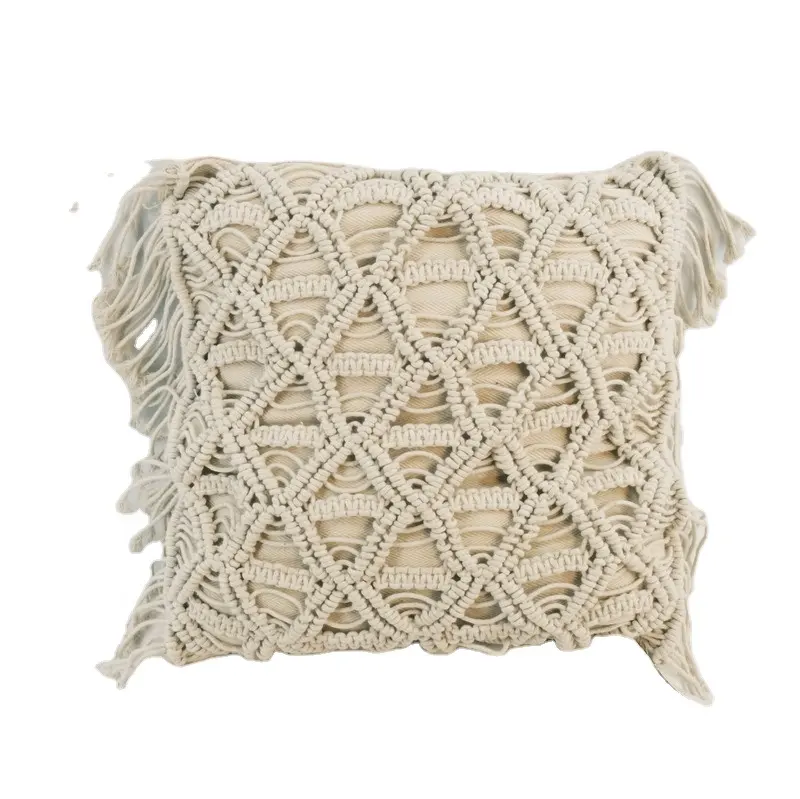 Almohada de borlas de macramé de poliéster con decoraciones personalizadas Funda de cojín con patrones elegantes tejidos a mano