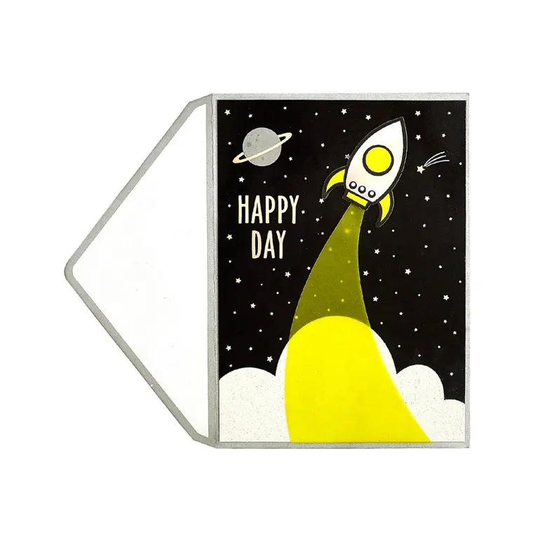 Cartas de aniversário do feliz rocket, cartas de saudações feitas à mão 3d com vellum amarelo