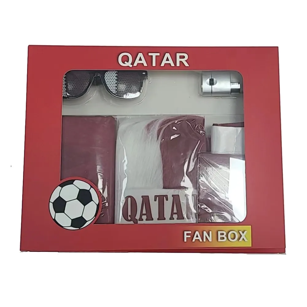 Commercio all'ingrosso di fabbrica personalizzato tutti i paesi prodotti per gli appassionati di calcio Qatar supporter kit fan box