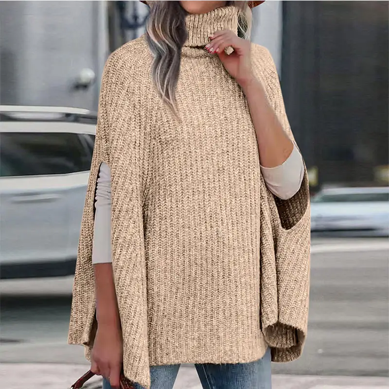 Atacado Moda Quente Oversized costela gola alta Poncho Camisola Crochet Texturizados Mulheres Inverno De Malha Poncho