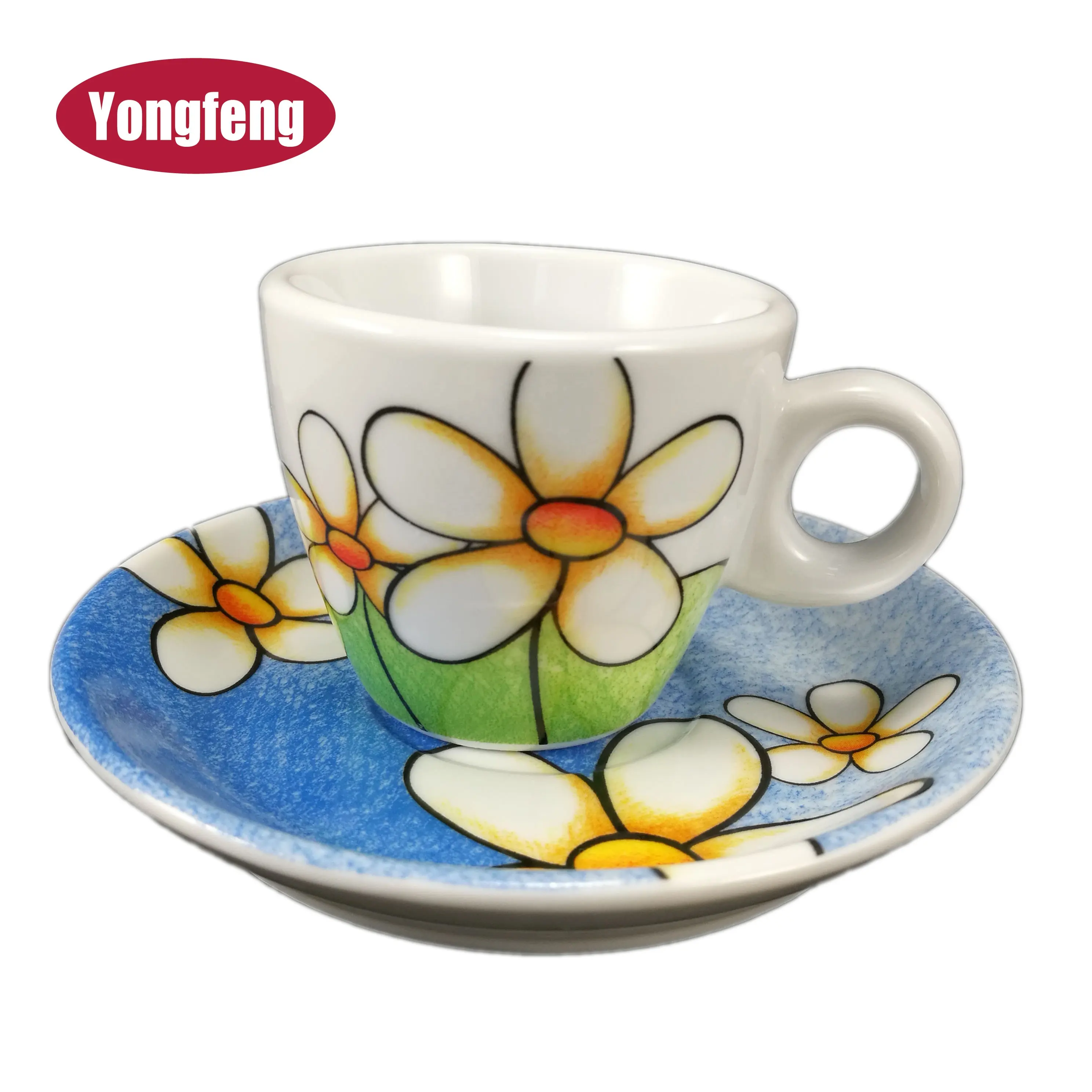 Tam çıkartma kapsama çiçek tasarım 3 oz espresso özel baskılı çay bardağı ve altlık porselen