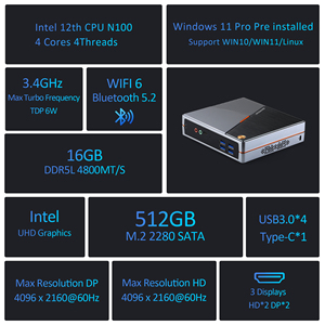 PC Mini Intel Alder Lake N100 processore DDR5 display multipli 2 * HD 1 * DP Win11 Linux Mini PC per ufficio commerciale della scuola - Product Image 5