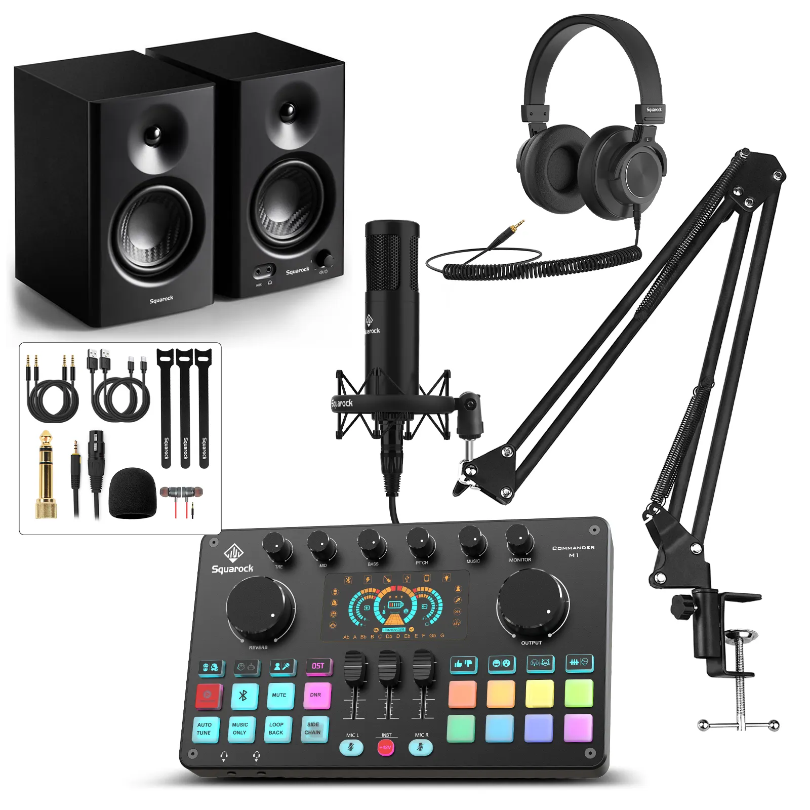 Squarock Tudo em um kit com Micro e auscultadores alto-falante Podcast Equipamentos e Estúdio Áudio Placa de Som usb interface