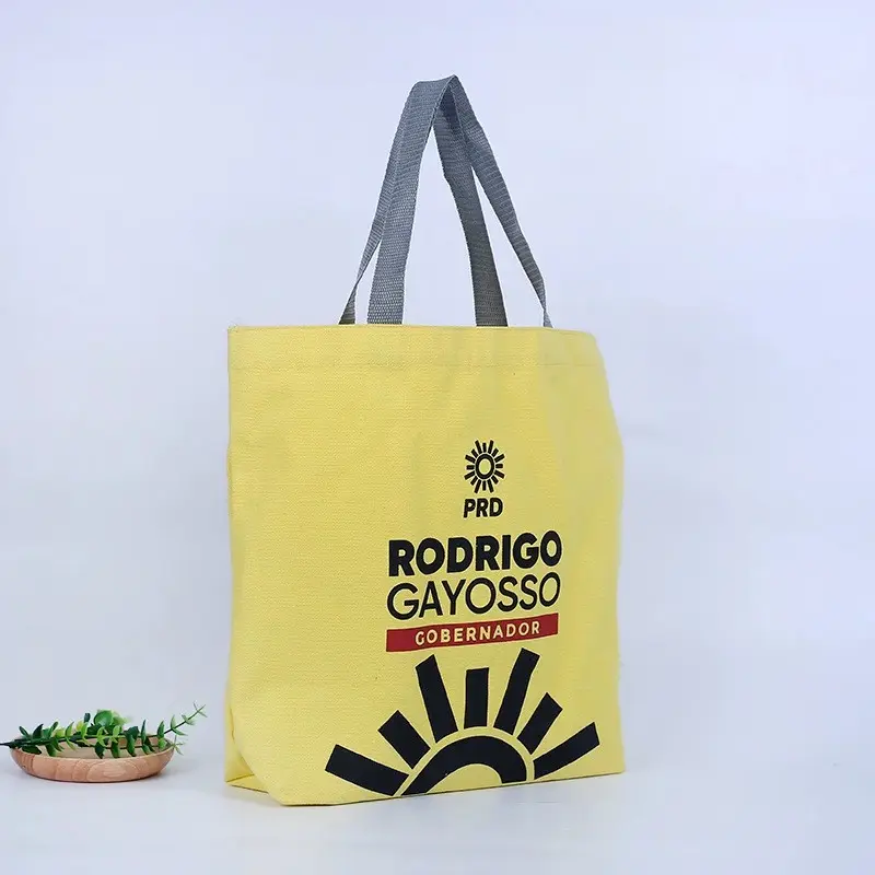 Sacola de compras grande reutilizável personalizada de alta qualidade, sacola de algodão amarela ecológica, sacola de compras com logotipo personalizado, sacola de lona de 5 onças, 8 onças e 10 onças