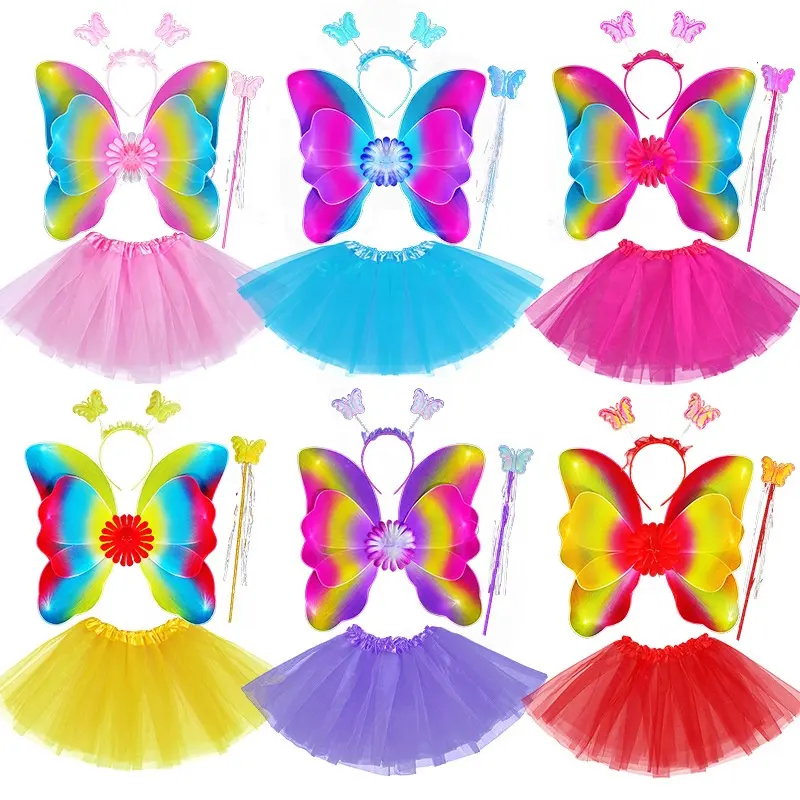 4pcs Hot Sell Kinder Kinder Mädchen Schmetterling Flügel Dress Up Fairy Zauberstab Fairy Wings Stirnband und kurzer Rock Kindertag Geschenke