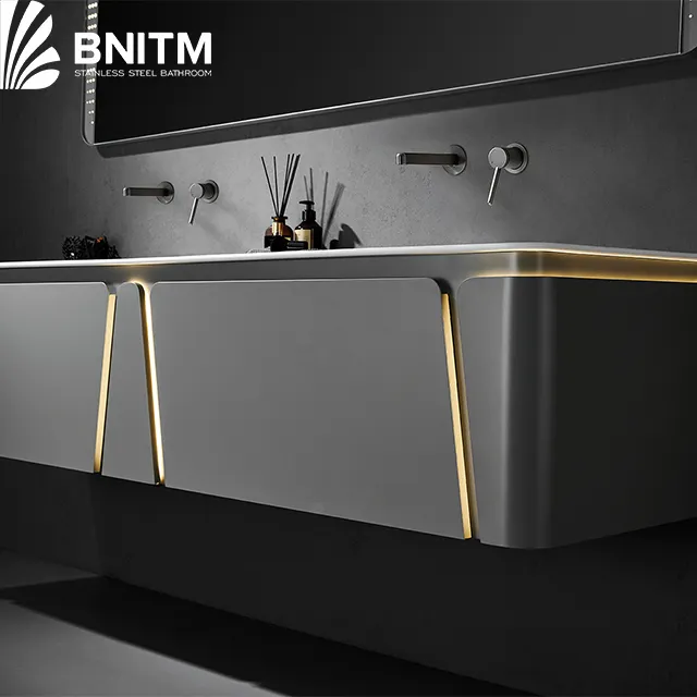 BNITM nouveau style clair luxe couleur argent salle de bain armoire personnalisé intelligent miroir Double lavabo salle de bain vanités avec lavabo