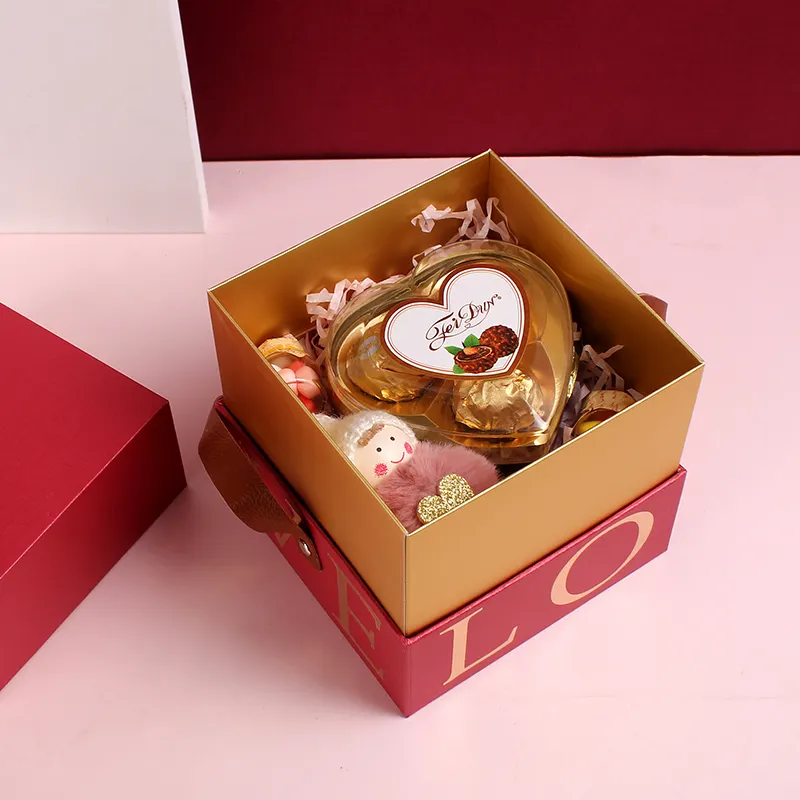Caixa de presente portátil para Dia dos Namorados, caixa de papel vazia de papel vermelho bronzeada com alça, caixa de presente para presente