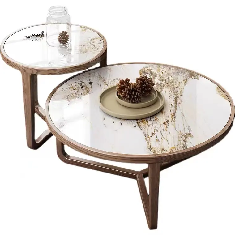 Mesa de centro redonda de madera sólida para sala de estar, mesa de centro nórdica con combinación de pizarra para oficina