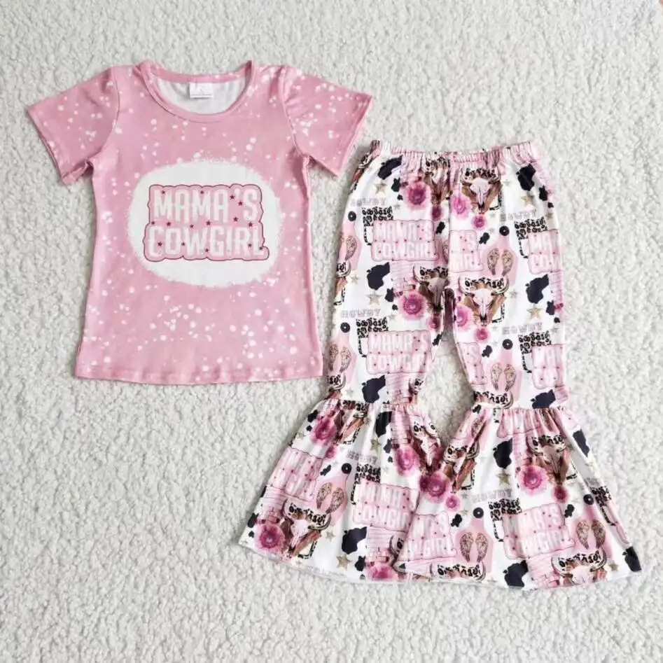 Conjunto de roupas infantis, conjuntos de roupas para crianças, shorts de cowgirl, rosa, leopardo floral, roupas para crianças de duas peças
