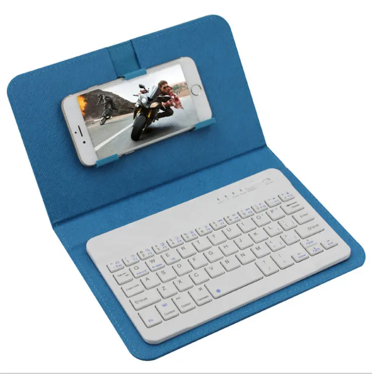 Keyboard Gigi Biru Portabel Mini, Dapat Dilepas dengan Penutup Casing Kulit untuk Ponsel Android