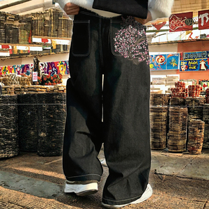 Pantaloni larghi da uomo in <span class=keywords><strong>Jeans</strong></span> Vintage in <span class=keywords><strong>Denim</strong></span> nero lavato con Logo a fiori ricamati - Product Image 3