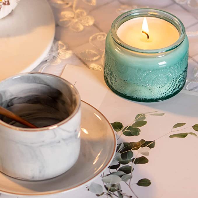 Blue Embossed Glass Candle Container jar with Tin Lid and Labels, 4 oz