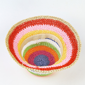 <strong>Rainbow</strong> Striped Crochet Bucket Hat Breathable Handmade Straw Beach Hat for Women - Product Image 6