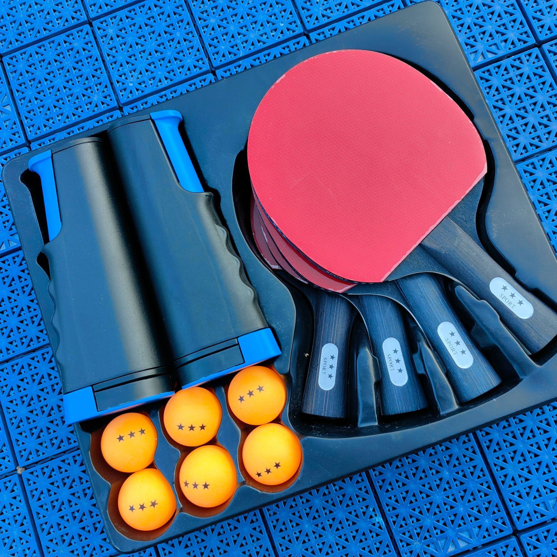 Juego de rejilla de red azul negro 4 mango largo 6 bolas