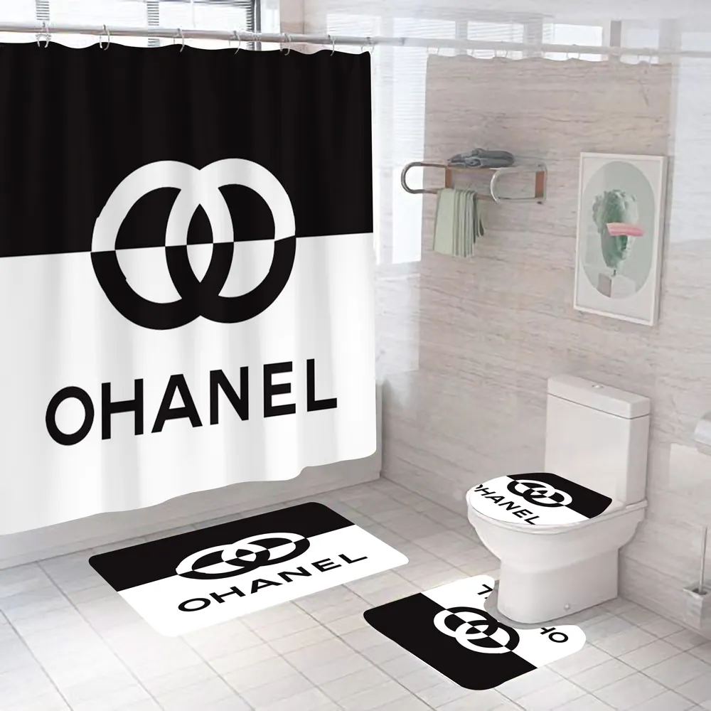 Customized Luxury Wholesale Brand Name Logo 3D Printing Bathroom Mat Set With Shower Curtain