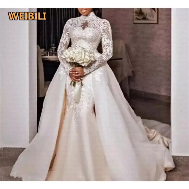 Custom Made Plus Size Alta Pescoço Manga Longa Sereia Rendas Vestidos De Casamento De Noiva Com Trem Removível