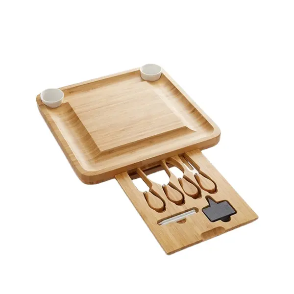 Bamboo Cheese Board Serving Platter Tray with Cutlery Server Set