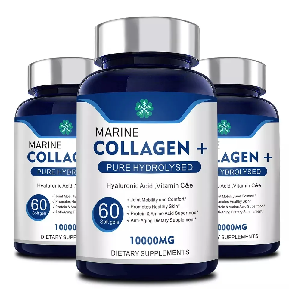 Softgel di collagene idrolizzato puro certificato GMP con acido ialuronico e vitamina C per Anti invecchiamento