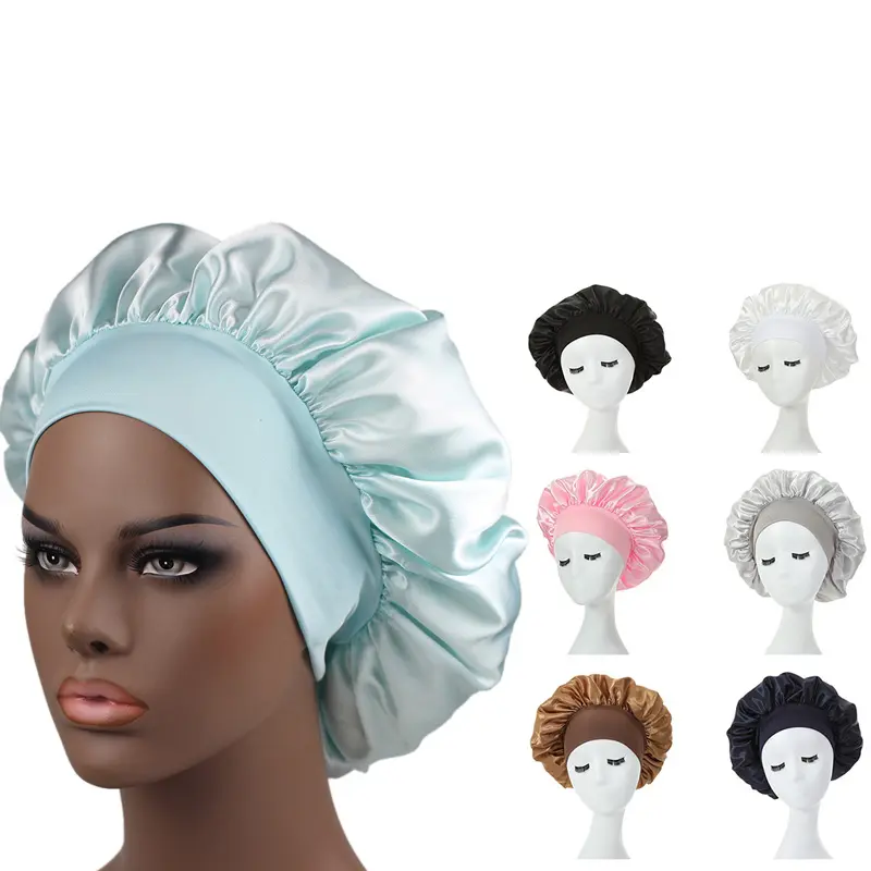 Vente en gros de bonnet de sommeil long soyeux pour femmes avec sangles à nouer, enveloppes en satin pour un sommeil supplémentaire, bonnet pour cheveux, grand bonnet