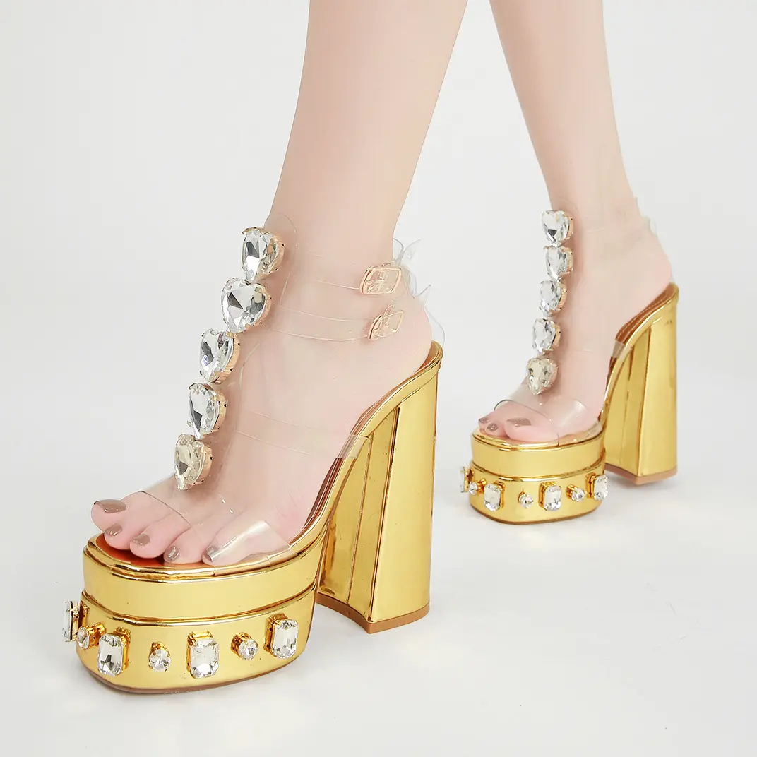 Party Prom scarpe trasparenti con tacco alto per donna piattaforma con strass sandalo con tacco grosso tacchi a doppia piattaforma