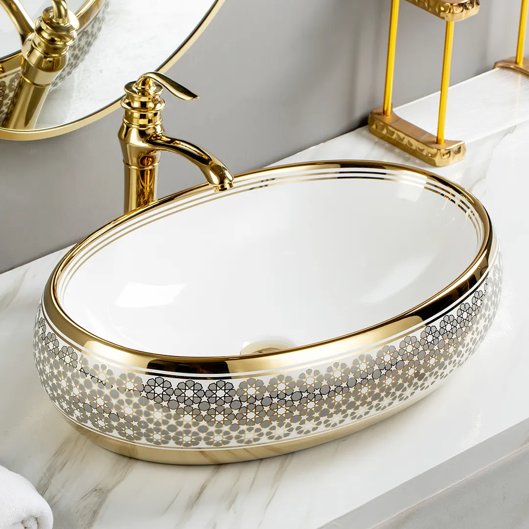 Lavabo dorado de lujo, lavabo ovalado de cerámica, lavabo artístico, lavabo galvanizado dorado para Baño