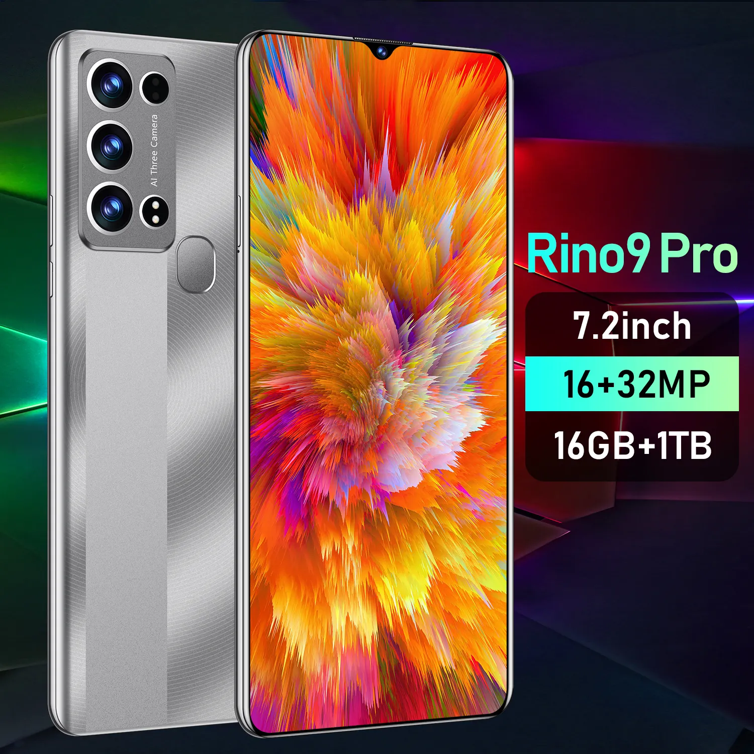 Vente chaude de haute qualité Rino9 pro original 16 Go + 1 To 7.2 pouces 16MP + 32MP 5G Android 12 Téléphone portable intelligent