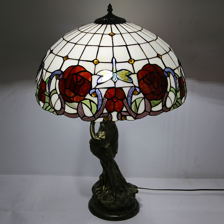 LongHuiJing Newly Handmade Glass Desk Lights 20Inch European Stained Glass Dragonfly Lampshade Tiffany Table Lamps