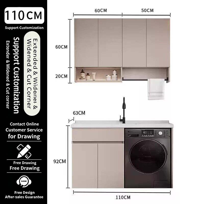 Mueble de 110 cm + Lavabo integrado de piedra de cuarzo + Mueble de pared