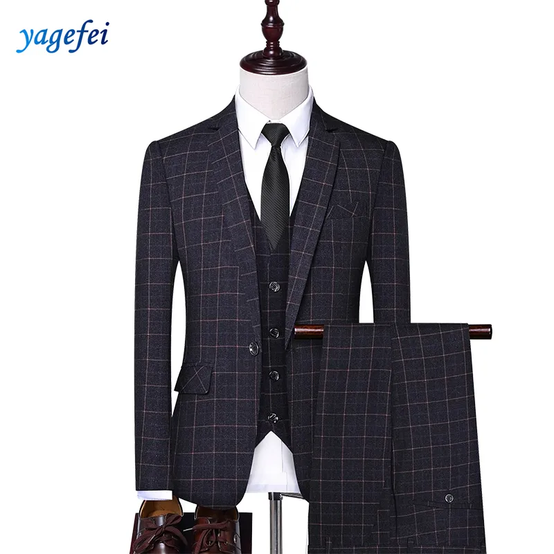 Top quality comfortable wool blue plaid business suit for men