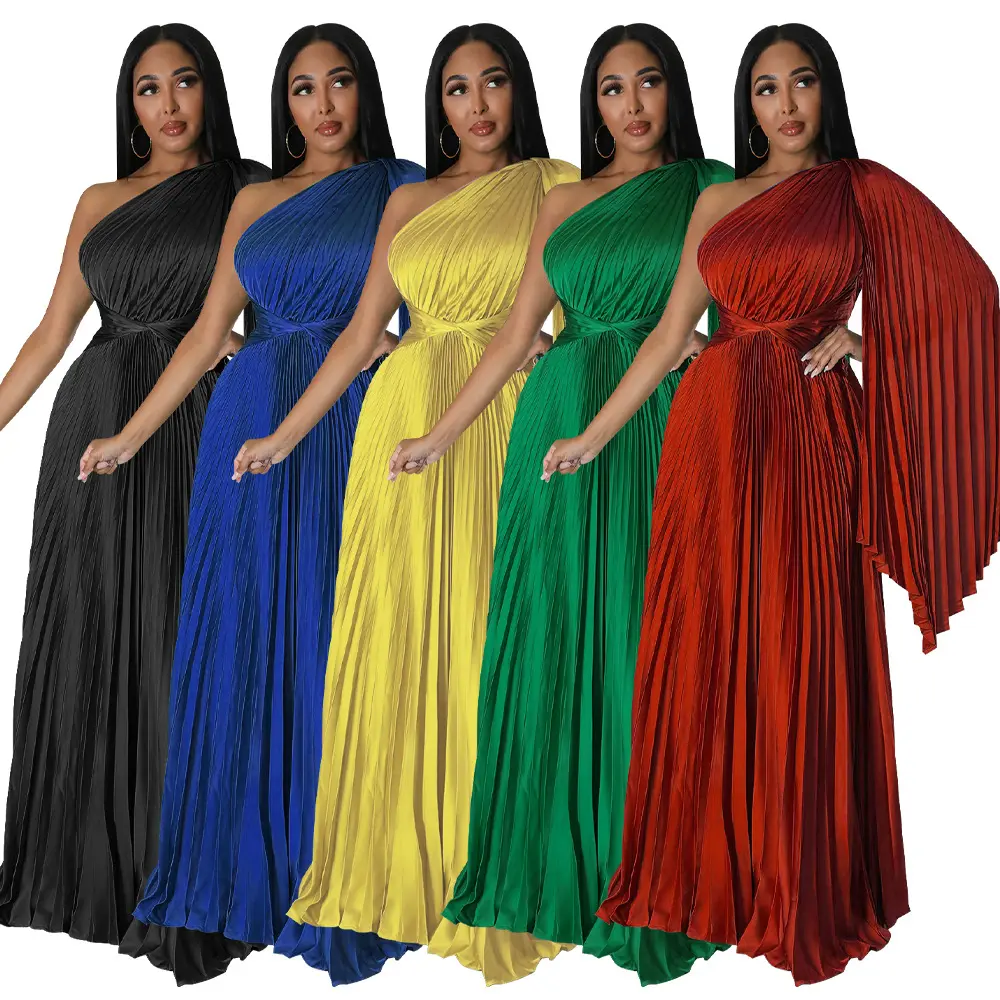 K10388 Fashion keluaran baru gaun berlipat satu bahu gaun pesta sutra pinggang tinggi kerah miring gaun Maxi wanita